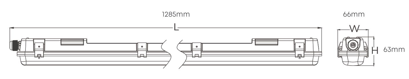 4FT Single Vapour Proof wired for LED T8 1x18W 1285mm, Dimension drawing