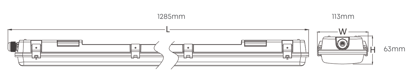 4FT Double Vapour Proof wired for LED T8 2x18w 1285mm, Dimension drawing