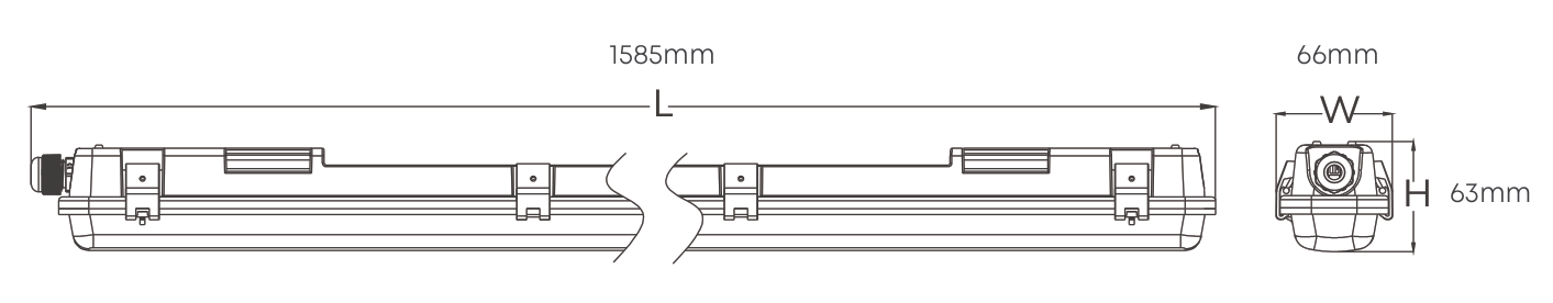 5FT Single Vapour Proof wired for LED T8 1x24W 1585mm, Dimension drawing