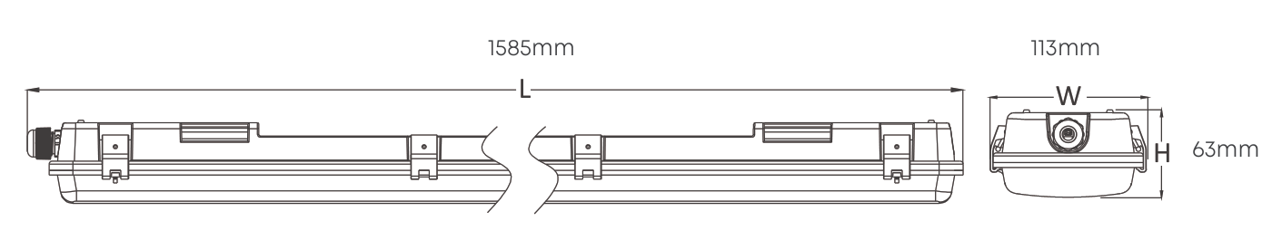 5FT Double Vapour Proof wired for LED T8 2x24w 1585mm, Dimension drawing