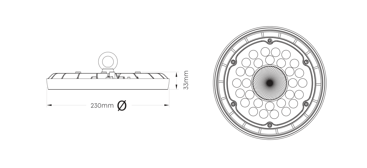 UFO Highbay LED 100W 5000K 3YR Warranty, Dimension drawing