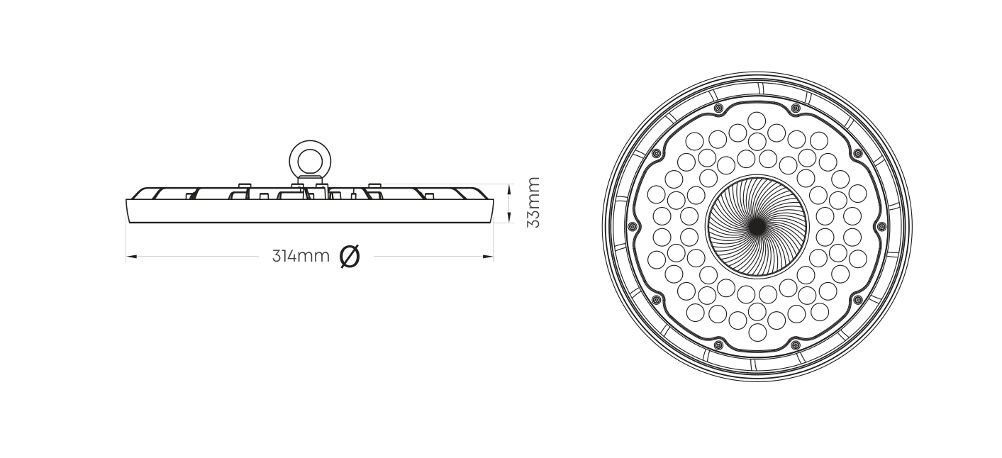 UFO Highbay LED 200W 5000K 3YR Warranty, Dimension drawing