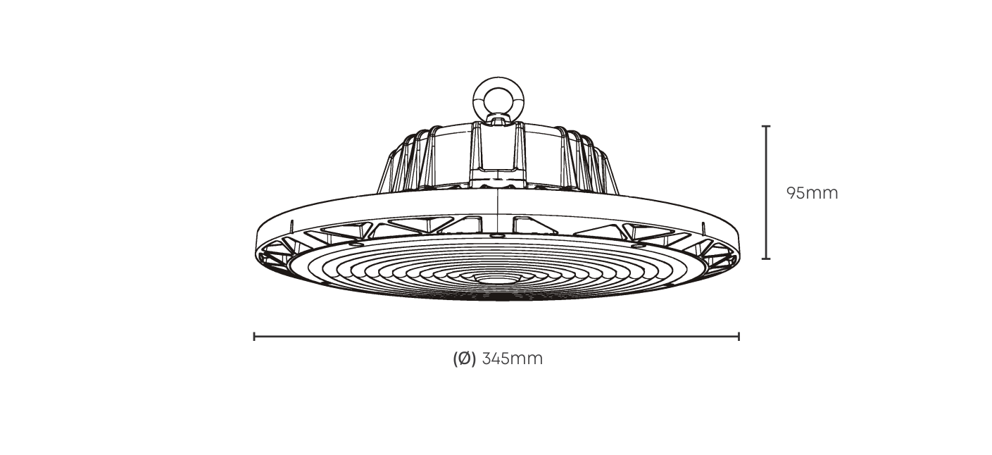 UFO Highbay 200W Black 30000lm 5YR Warranty, Dimension drawing