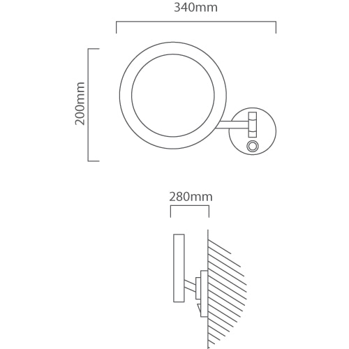 Cosmetic Mirror Wall Light 340mm Chrome, Dimension drawing (CAD)